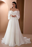 pleated-chiffon-beach-wedding-gowns-with-off-the-shoulder-sleeves