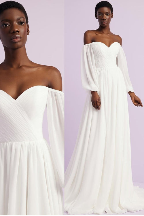 pleated-chiffon-boho-wedding-dress-with-sleeves