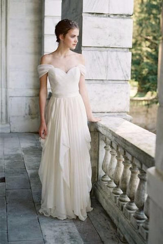 Pleated Off-the-shoulder Ivory Wedding Dress with Chiffon Skirt loveangeldress Pleated Off-the-shoulder Ivory Wedding Dress with Chiffon Skirt loveangeldress