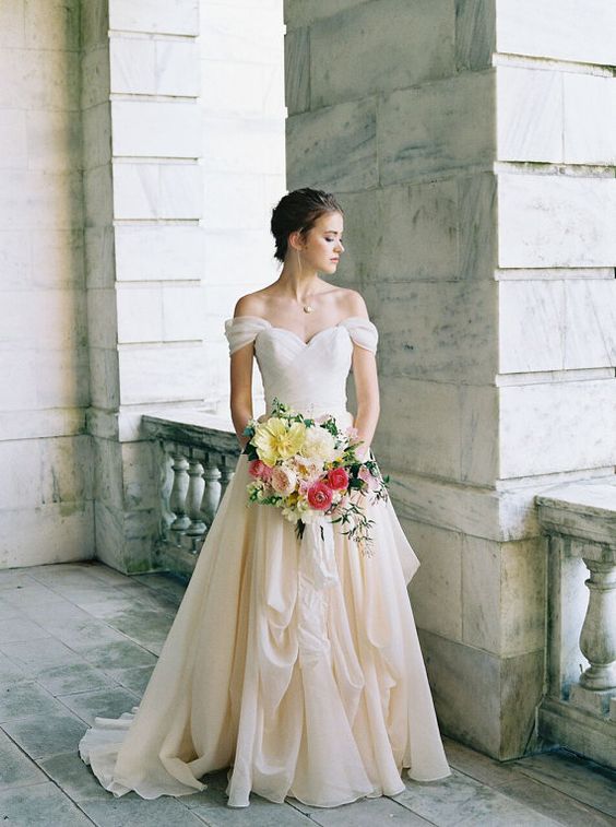 pleated-off-the-shoulder-ivory-wedding-dress-with-chiffon-skirt