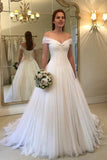 pleated-off-the-shoulder-ivory-wedding-gowns-tulle-skirt