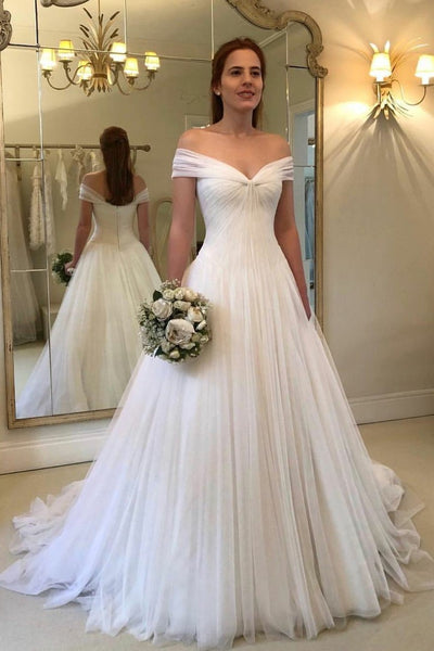 pleated-off-the-shoulder-ivory-wedding-gowns-tulle-skirt