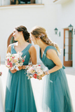 pleated-teal-hi-lo-bridesmaid-dresses-with-tulle-skirt-2
