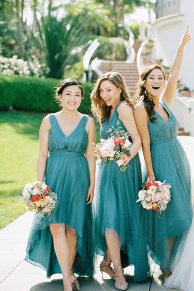 pleated-teal-hi-lo-bridesmaid-dresses-with-tulle-skirt