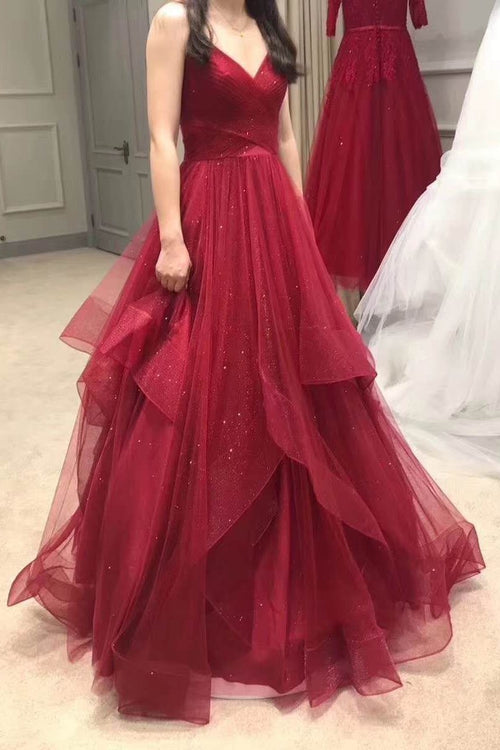 pleated-v-neckline-tulle-prom-dress-with-horsehair-layered-skirt