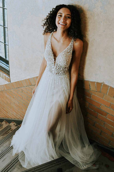 plunging-beading-tulle-wedding-dresses-with-sheer-bodice
