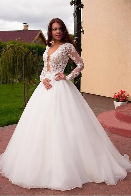 plunging-lace-long-sleeves-wedding-dresses-tulle-skirt