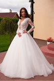 plunging-lace-long-sleeves-wedding-dresses-tulle-skirt