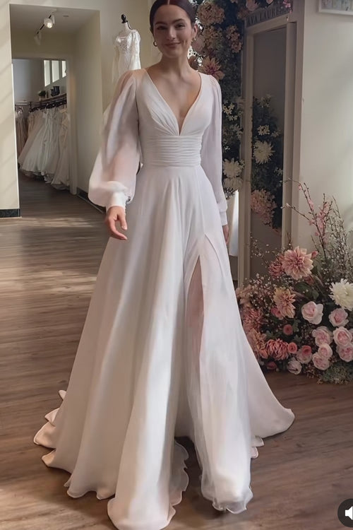 plunging-long-sleeves-chiffon-bridal-gown-for-summer-weddings