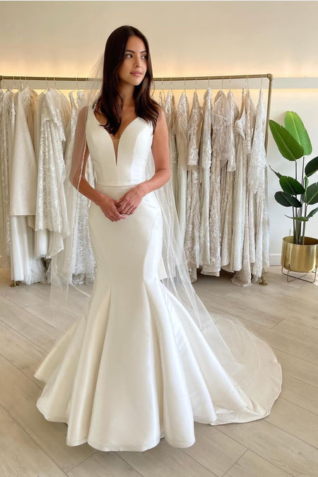 Off-the-shoulder Satin Bridal Gown with Detachable Train