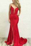 plunging-neckline-red-prom-dresses-mermaid-sweep-train