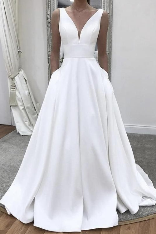 plunging-neckline-satin-simple-wedding-gown-with-pockets