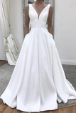 plunging-neckline-satin-simple-wedding-gown-with-pockets