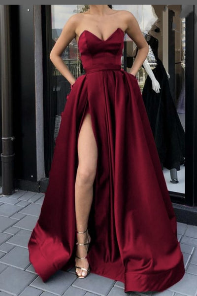 Plunging Sweetheart Burgundy Prom Gowns with High Thigh Slit ...