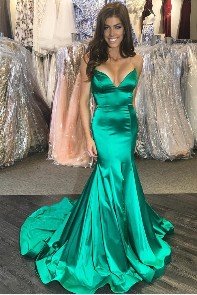 Plunging Sweetheart Green Prom Dress Mermaid Train