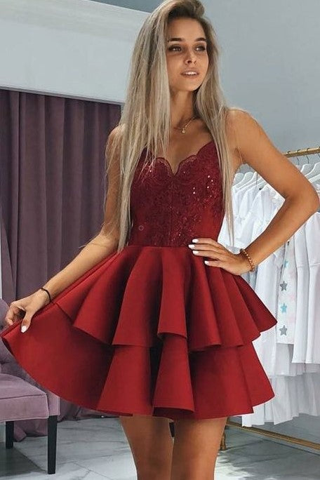 Indlejre bibel Udvej Plunging Sweetheart Lace Dark Red Cocktail Dress with Tiers Skirt –  loveangeldress