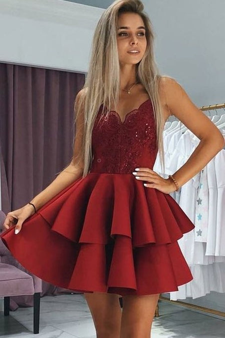Burgundy Satin Short Cocktail Party Dress with Pockets
