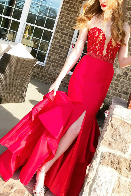 plunging-sweetheart-lace-red-mermaid-prom-gown-with-ruffled-skirt