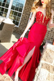 plunging-sweetheart-lace-red-mermaid-prom-gown-with-ruffled-skirt