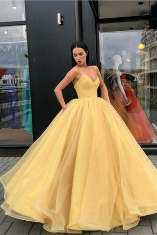 yellow puffy dress Plunging Sweetheart Puffy Yellow Ball Gown Prom Dresses – loveangeldress