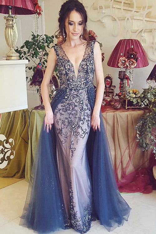 plunging-v-neck-beaded-rhinestones-prom-dresses-with-tulle-skirt