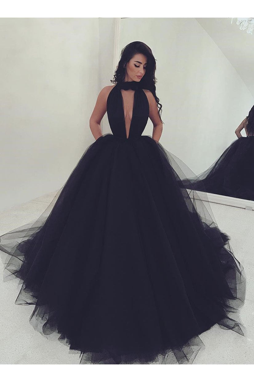 Plunging V-neck Black Tulle Prom Dress Ball Gown – loveangeldress