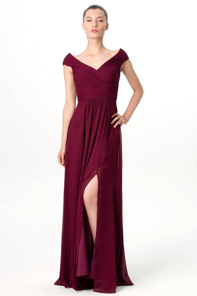 plunging-v-neck-cap-sleeves-burgundy-bridesmaid-gown-with-slit-side
