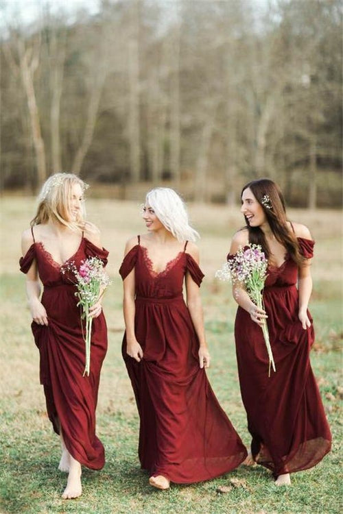 plunging-v-neck-chiffon-burgundy-bridesmaid-dress-with-spaghetti-straps