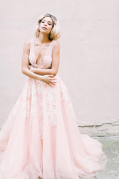 plunging-v-neck-pearls-pink-wedding-dresses-with-appliques