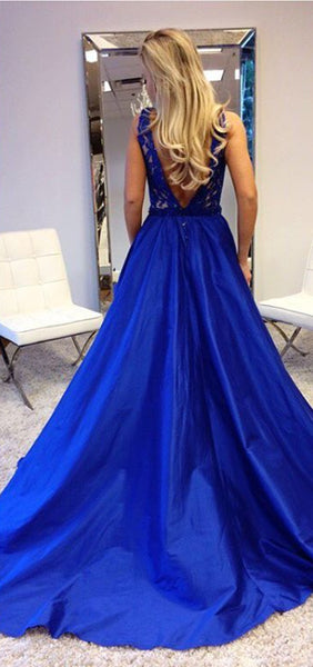 plunging-v-neck-royal-blue-lace-prom-dresses-with-satin-skirt-2