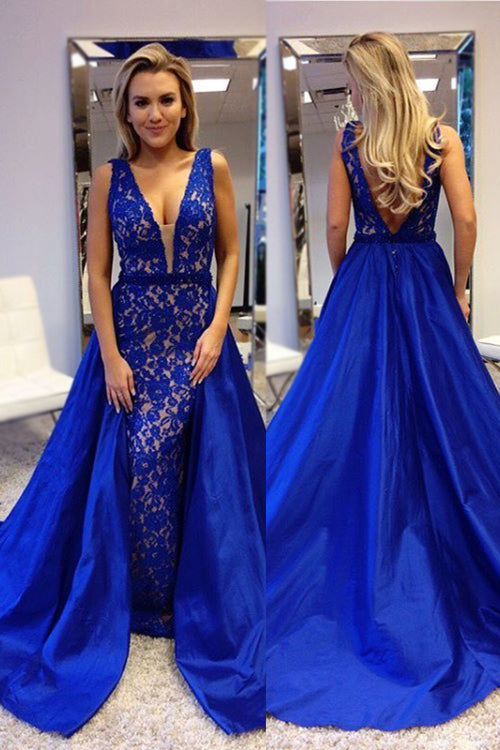 plunging-v-neck-royal-blue-lace-prom-dresses-with-satin-skirt