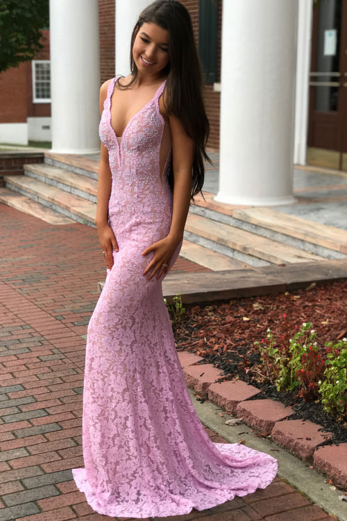 plunging-v-neck-sleeveless-beaded-lace-pink-prom-dress