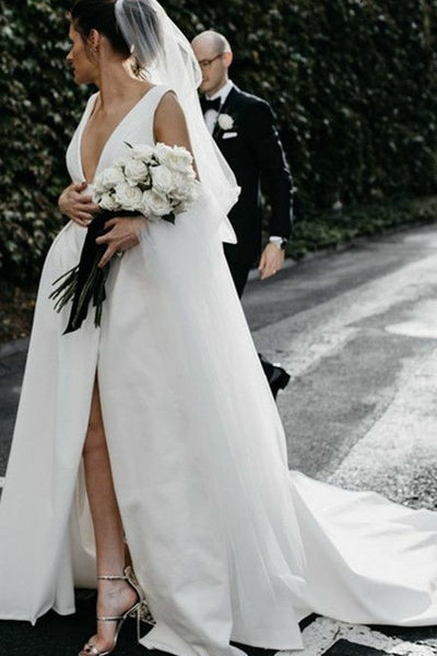 plunging-v-neck-white-satin-wedding-dress-with-cut-skirt-vestido-de-novia-1
