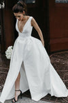 plunging-v-neck-white-satin-wedding-dress-with-cut-skirt-vestido-de-novia