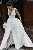 plunging-v-neck-white-satin-wedding-dress-with-cut-skirt-vestido-de-novia