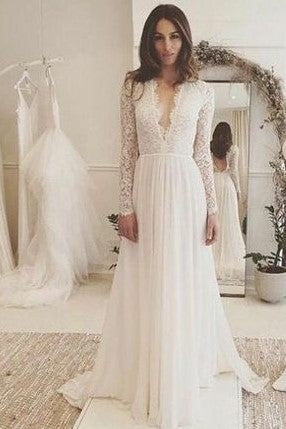 A-line Satin Modest Lace Long Sleeves Wedding Dresses with Pockets