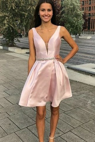 Plunging V-neckline Light Pink Homecoming Dress Short Patterns loveangeldress Plunging V-neckline Light Pink Homecoming Dress Short Patterns loveangeldress