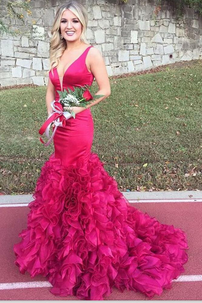plunging-v-neckline-mermaid-evening-prom-dresses-with-ruffled-skirt-1