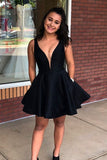 plunging-v-neckline-satin-little-black-dress-for-homecoming