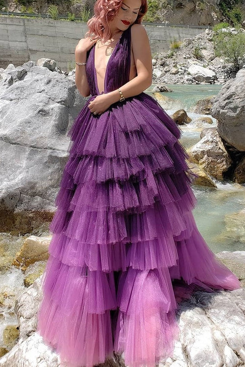 purple-tiered-tulle-skirt-prom-dresses-deep-v-neckline