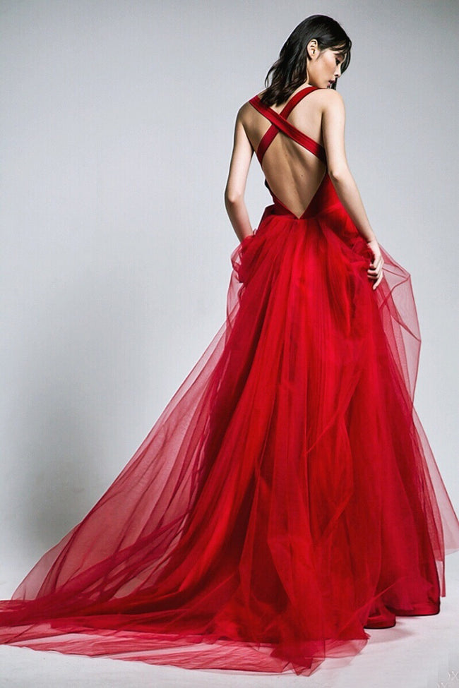 red-a-line-tulle-v-neck-long-prom-gowns-with-double-bows-sash-1
