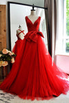 red-a-line-tulle-v-neck-long-prom-gowns-with-double-bows-sash-2