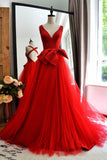 red-a-line-tulle-v-neck-long-prom-gowns-with-double-bows-sash-2
