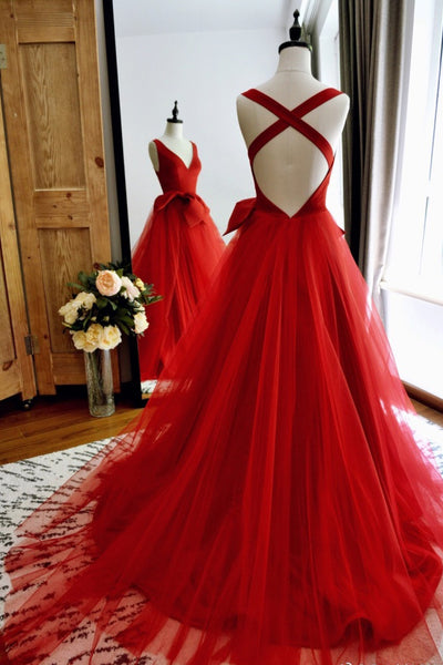 red-a-line-tulle-v-neck-long-prom-gowns-with-double-bows-sash-3