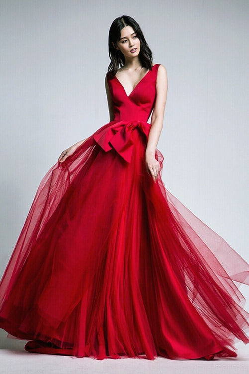 red-a-line-tulle-v-neck-long-prom-gowns-with-double-bows-sash
