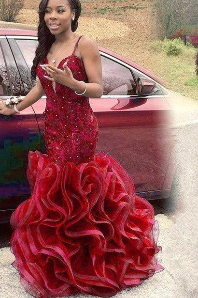 loveangeldress Red Lace Mermaid Style Prom Gown Ruffles Skirt Vestido de Fiesta de graduación US6 / Green
