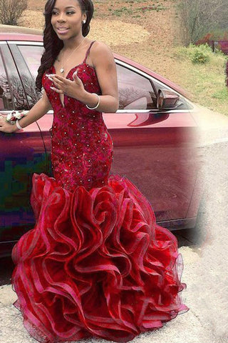 Red Lace Mermaid Style Prom Gown Ruffles Skirt vestido de fiesta de gr loveangeldress Red Lace Mermaid Style Prom Gown Ruffles Skirt vestido de fiesta de gr loveangeldress