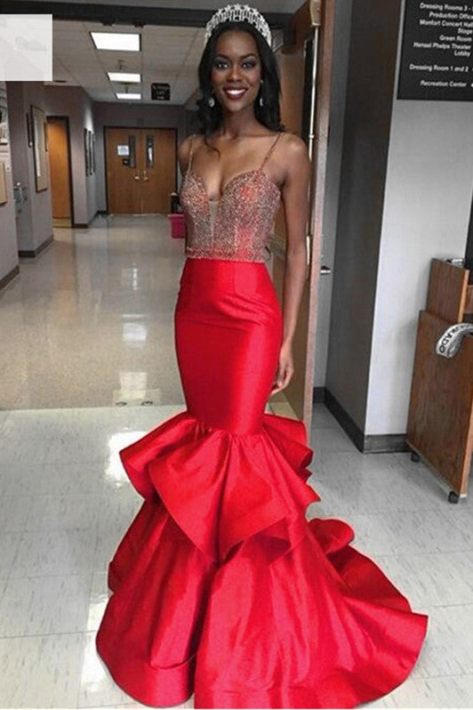 Beaded Red Lace Cut-out Trumpet Formal Prom Gown - Xdressy