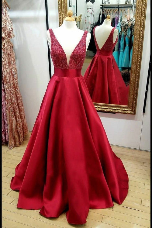 red-satin-bead-evening-dresses-with-plunging-v-neckline