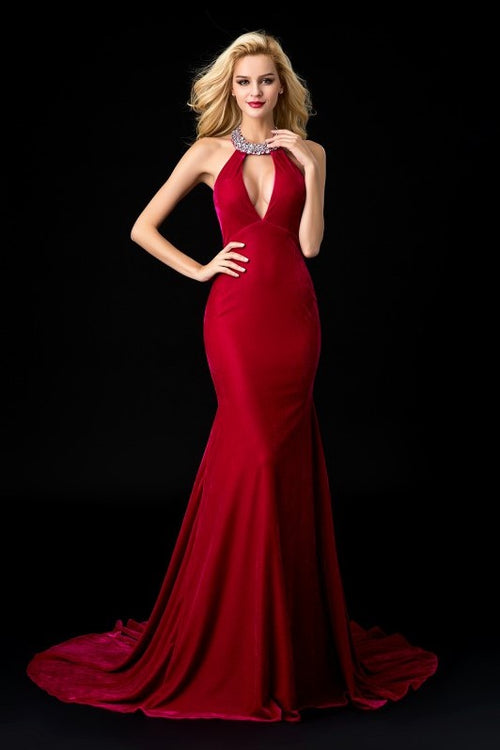 red-velvet-mermaid-evening-dresses-with-jewelry-neck